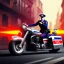 Placeholder: police man on bike, spray paint art, long shiny flat red and white muscle car in motion, man in suit with big machine guns and great style,bullets flying, evening, seen from balcony, dirty city alley, heist action, book cover