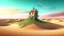 Placeholder: A surreal landscape with a large windmill on stilts over sand dunes, houses partially submerged in sand, and a distorted perspective with a gradient