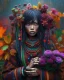 Placeholder: Vibrant autumn foliage in a rain-kissed setting, Ikebana arrangement, Haiku poetry inspiration, Japanese garden elements, autumn asters, Utagawa Hiroshige essence, Isaac Levitan influence, woman with dark skin, tribal markings, mysterious expression, piercing eyes, flowing black hair, colorful beads, layered textiles, bright hues, ornate jewelry, cultural richness, dark, blurred backdrop, GoBi, Наталья И-ва.Mystical character with pale blue scaly skin, icy green eyes, dark eyeliner, cascading da