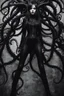 Placeholder: feet point view, Girl goth, fullbody, tentacles out from her, intricate, macro photography,