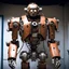 Placeholder: trash mech suit, human-sized, made of scrap metal, cockpit in chest cavity, light rust, round, loose wires, escape hatch