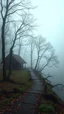 Placeholder: A cottage by the foggy lake black vein, human veins, mixing together a lot of them, like a forest, big and small veins a lot of them. A mist