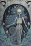 Placeholder: Artwork entitled "Skull Moon Pond Goddess " depicts a partially skeletonized Pond Goddess wearing a gown made from detailed quilling consisting of feathers, foliage, fish scales, flowers, and gemstones appearing inside an archway of quilling growing around her and the skull moon; insanely detailed; quilling; elegant, fantasy, rose tones, beautiful, rapturous