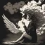 Placeholder: woman sitting forward Her face upward and blows cigarette smoke from their mouth upward. a figure with wings emerging from its back. behind the clouds of smoke look death. dark and mysterious