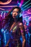 Placeholder: midle shot dancing in silent disco a young asian woman with long extrem hair, stunning futuristic dress and make up, wearing headphones and looking you attraktive, The atmosphere is enhanced in disco bar with neon lights, cyberpunk vibe, futuristic, light lines, photorealistic, in background blure light and blur dancing people