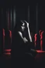 Placeholder: Image of a woman sitting alone, surrounded by shadowy figures whispering in her ear, suggesting the influence of manipulation and dark psychology on individual perceptions of attractiveness Give it a very dark frightening vibe. Use black and red theme.