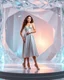 Placeholder: make a picture pretty stage made of crystal diamond 3d fractal recursive cubic and Charter base structures and a beautiful fashion model lady posing with cute,with silver cyan decholte top and pretty pleated midi skirt,siver high heels ,makeup curvy long hair,dynamic camera zoom to full body and pan, dynamic lights.