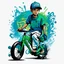 Placeholder: Vector t shirt art ready to print blue green light ograffiti illustration of A boy Indonesia free style in bycycle and a basecap with text "addie" On cap, white background.