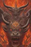 Placeholder: Vintage illustration of a demonic and magical brutal and angry bull made of red flames and fire, savage and obstreperous nature, Tsuguyuki Kubo art, Topcraft, vintage storybook illustration style, ornamental, fantasy folk art, psychedelic theme, inspires by 70s Japanese anime, early Studio Ghibli, fantasy animation cartoon, last unicorn