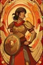 Placeholder: an anime drawing of a 40 year old thai woman. dark tan skin, toned and muscular. short in height. dark brown hair in a bob cut. she is wearing an armour over a beautiful thai gown. she has a sun themeing. and the color scheme is red and yellow. she is holding a shield and a sword