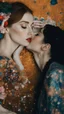 Placeholder: Masterpiece, fine art, award winning, "like Gustav Klimt : the Kiss in a chair" 2 w, RAW photo, eye candy in the style of (petra collins::Robin Eley:1.5), (Suhaila Ben Lachhab::Heidi Moussa:1.5) in breathtaking cinematic shot (full body shot, from below angle) that emphasizes the stunning cheek bones, texturized black hair,(big detailed eyes:1.5) (cottagecore aesthetic:5) with extreme sensuality, Irresistible with (porcelain skin:4.8), sitting on an old chair, retro vintage style