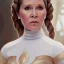 Placeholder: hyperspace background, complete and photo realistic detailed head to waist stunning photo realistic portrait of carrie fisher as Princess Leia in star wars with photo realistic hairstyle by Mandy Jurgens and mucha and Richard Schmid and chuck close and chie yoshii, extraordinary and detailed ceremony dress of star wars,brown eyes