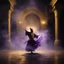 Placeholder: Hyper Realistic photographic-view of a Sufi Whirling with Golden & Purple Islamic Sufi Rustic Grungy-Black Background with thick-fog at dark-night outside an ancient Islamic architectural building with golden-sparkles-whirling showing dramatic & cinematic ambiance.