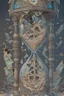 Placeholder: enormous ornate sandglass. the bottom chamber is broken and shattered all over the ground, below it is an overflowing pile of bones. detailed tattoo-style artwork