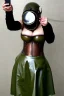 Placeholder: Steam-punk style random-mask. Large fencing mask covers chin and cheeks. Hot girls. Reflective surface on face, full coverage, reflective. Camera lenses as eyes. Head full of integrated old-fashioned cameras and phone. Army green surfaces body, latex. Perfect body, thick thighs and calves. Asa Akira's body. Wide hip, skirt bleats nicely. Partly symmetrical. Straitjacket. Rusty and decayed background. Steam-plunge air-bottles. Euclidean 3D-tiling walls. surrealistic. Oppressive atmosphe