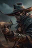 Placeholder: Bosch nightmares paint inf style Title: " cowboy with his gun towards “ insanely detailed octane render trending on artstation, 8k artistic photography, photorealistic concept art, soft natural volumetric cinematic perfect light, chiaroscuro, award-winning photograph, masterpiece, oil on canvas, Raphael, Caravaggio, Greg Rutkowski, people, beksinski, Giger