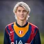 Placeholder: 85mm DSLR color photography of a very detailed headshot fitting all of head and hair in frame. 18-year-old French soccer player, and with no facial hair and has no facial hair, has medium length straight white hair with a small smile, grey background