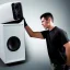 Placeholder: man punching huge speaker as if speaker is mega