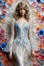 Placeholder: photograph super star singer Taylor Swift wears quantum deity intricate origami flowers detailed quilling paper translucent plastic clothing, mixed media impressionism, fine arts and crafts, intricate embroidery, rococo spirtualism intricate details, highly detailed, cinematography