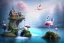 Placeholder: island waterfall old tree twigs rope bridge birds flamingos