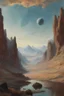 Placeholder: One astruonat looking at sky, planet in thrlake, mountains, sci-fi, hans am ende, and henry luyten impressionism paintings