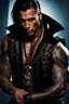 Placeholder: portrait of a 35 year old Handsome muscular male with dark bronze skin adorned with tattoos. His long dark hair is tied back in a pony tail. He's wearing a leather vest and has a dagger which hangs from his belt. Dark fantasy. Hyperrealistic