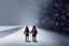 Placeholder: one man and one woman hand in hand walking in the snow head to spring day, concept art, illustration, Exquisite details and textures, highly detailed