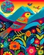 Placeholder: A Birds and Flowers, Kids can have fun the different patterns and designs on the body. Design with a bird standing on a branch in a grassy meadow with mountains. in the background." with bright and happy colors. and whimsical decorations. in vibrant hues