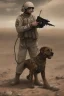 Placeholder: A soldier dog dressed in military combat uniform fighting another soldier dog in the hot desert landscape, digital illustration portrait, dog's face is snarling, aggressive, angry, Craig Miller , futuristic, pulp fiction graphic novel style, hyperrealism, photorealism