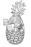 Placeholder: Pineapple Cozy Art Studio Coloring Page: A pineapple cross-section displaying an art studio. Features an easel, paint palettes, brushes, and artworks hung on the walls.