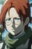 Placeholder: Attack on Titan: A woman with shoulder length red hair and green eyes with a serious look. In glasses, Screenshot of studio Wit. The cadet corps is behind.