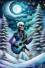 Placeholder: a skeleton with his guitar; storm clouds, lightning, snowflakes, ice crystals, crescent moon in a nebula sky, extreme colors, white, ice blue, silver, lavender, seafoam green, spray paint, ink in water, luminous color sparkles, smoke, deep forest, glitter snow, snowflakes, pine trees, nebula sky; soft Shading; highly intricate, sophisticated, complex, 80's poster art, extreme neon colors, vaporwave <lora: