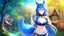 Placeholder: Girl look like wolf, wolf paws on hand , animal paws, wolf ears, wolf tail,blue hair, open navel, house, forest, collar on neck.