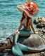 Placeholder: best angle photoshoot full body beautiful Mermaid sitting on ridding large turtle,she wearing luxurious shimmer hat large made from borroque elements flowers sea, sea shore.Sony Alpha 7 50mm realistic photography