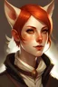 Placeholder: An woman with very short red hair, gold eyes, large fox ears, slight smile, pale skin