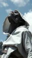 Placeholder: The creature from the the movie Prometheus with white hooded clothes looking to the sky