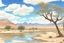 Placeholder: clouds, arid land, distant mountains, dry trees, pond