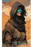 Placeholder: create a fine art print full body illustration of a rugged gritty, roughly textured, hooded, black clad and dusty Fremen female mercenary with highly detailed feminine facial features, amidst the billowing desert storms of Arrakis, in the comic book art style of Bill Sienkiewicz, and Jean Giraud Moebius, finely textured, drawn, colored, and inked,