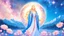 Placeholder: Create an image of a full body cosmic goddess. the goddess should be depicted as a beautiful and powerful figure, surrounded by cosmic stars. her hair should be long, blond and flowing, and she should be dressed in a flowing gown blue celestial robe. in the background, include imagery of pink flowers, blue sky, trees. the image should evoke a sense of joy, celebration, and spiritual connection to nature.