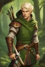 Placeholder: blonde hooded male elven archer in the style of dragon age, dungeons and dragons, RPG:s, green clothes, stern look, forest background, painted like a comic book