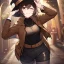 Placeholder: Clear focus, High resolution, short brown spiky hair, hair between eyes, eyes closed, wearing a brown detective hat, wearing a brown jacket and a black shirt, wearing black shorts, 1girl, pulling hat down, smiling