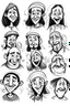 Placeholder: Silly small diferent medieval people with diferent expressions, some dramatic, somo happy. the style is minimal black and white stamp. in the sheet there are more than 5. very diverse court memebers and everyday people. man, woman, kids. white background