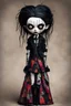 Placeholder: full color, illustration of a dark menacing Victorian goth vampire girl, tall and willowy ala Wednesday Addams, as a decayed, broken, crude homemade patchwork cloth doll toy, with a cracked porcelain face, thick dark eyebrows, hair made from ragged strips of cloth, art in the style of Alex Pardee and Tim Burton