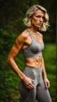 Placeholder: photography of a beautiful anorexic woman, grey satin sports bra, sports illustrated, blond short wavy bob haircut, pronounced sternum, grey running leggins