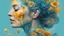 Placeholder: blue background, 18th century, double exposure, portrait Woman 43 years old, wind, flowers, tears, plants, yellow, blue, green, orange colors, bright, drops, detailed, fine drawing, high detail, high resolution, 8K, tattoo, city, double exposure,