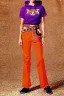 Placeholder: 1990's street women fashion low waist light trousers, t-shirt that has a new kind of hoodie with high tippet, which turns down along zipper! Colors: all denim colors, purple, khaki, lilac, plum, orange, terracotta, red, pink, dark blue, beige. Patterns: lynx, balls, stripes. lynx belt. starling or owl prints. Women models. Missy Elliot, Sandra Bullock, Milla Jovovich, Big tennis shoes on. Latex, denim and leather. A new kind of hat with small visor