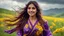 Placeholder: Hyper Realistic Photographic Close-Up View Of A Beautiful Young Pashto Woman With Beautiful Eyes Lips & Nose (Wearing Beautiful Tie-&-Dye Frock With Purple Floral Patterns On It Her Beautiful Long Hair Whirling In Air) Happily Whirling & Smiling On Grassy-HillTop With Yellow-Flowers & A Valley Down, At Cloudy Weather With Heavy Rainfall Showing Dramatic & Cinematic Ambiance.