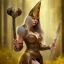 Placeholder: portrait cute female gladiator in gown and witch hat, in blurry golden forest