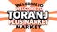 Placeholder: A design with the words (WELCOM TO TORANJ PLUS MARKET) in the middle of the image in a raised, three-dimensional manner with black shadows around the words on a saccodolic orange, red, and white background.
