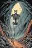 Placeholder: ,Digital illustration of horror genre comic book cover from the 1980s, giant larger than life skeleton picks up tiny humans as they try to run away from inside the cave, macabre, gorey, 1970 illustration art style, absurdist, conye.color pencils, ink, counter culture, dystopian, retro futuris. 90s riot girl look, punk aesthetics, collage, psychedelic, grime, textured, mixed media with a british pop culture influence, maximalism, feminist icon,